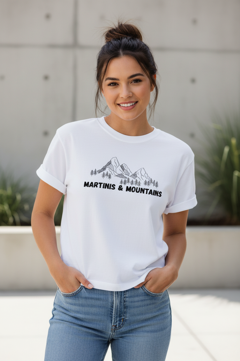 Martinis & Mountains Women's Graphic T-Shirt | Mountain Vacation & Cocktail Lover Tee